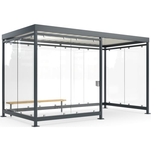 Moderner Raucherunterstand Köln Economy K4 d/b mit Glaswänden und Holzbank