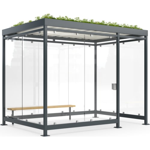 Moderner Raucherunterstand Köln Professional K3 Plus d/b mit Glaswänden, Holzbank und begrüntem Dach