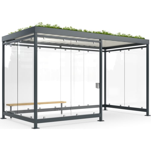 Moderner Raucherunterstand Köln Professional K4 Plus d/b mit Glaswänden, Metallrahmen und begrüntem Dach