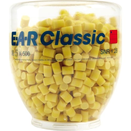 3M Gehörschutzstöpsel E-A-R Classic Refill in großer Dose mit 500 Paar, gelbe Schaumstoffstöpsel, SNR 28 dB
