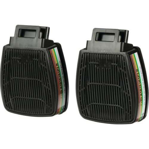 Doppelpack 3M Gas- und Kombifilter Serie HF 800, zwei schwarze Filter mit 3M Logo und farbigen Kennzeichnungen