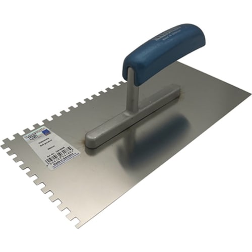 Glättekelle HAROMAC mit 6 x 6 Zahnung, Edelstahl mit blauem Griff