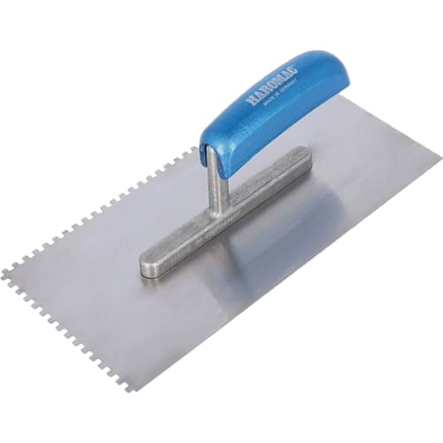 Glättekelle HAROMAC mit blauem Griff und 4 x 4 Zahnung aus Edelstahl