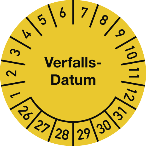 Gelbe Prüfplakette mit Verfalls-Datum und Zahlen von 1 bis 31 sowie 1 bis 12