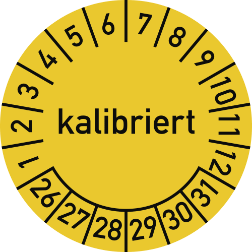 Prüfplakette kalibriert gelb mit Zahlen von 1 bis 31 und Monatsangaben von 1 bis 12