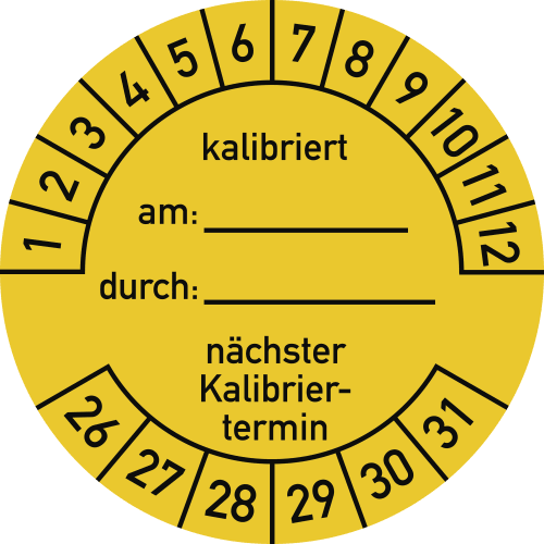 Prüfplakette gelb mit Kalibrierinformationen kalibriert am durch nächster Kalibriertermin