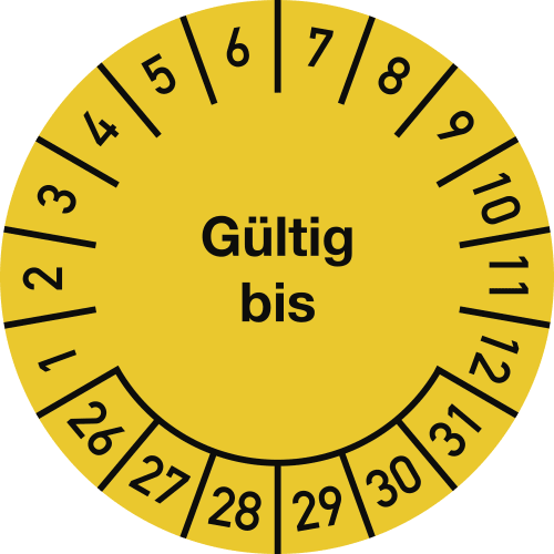 Prüfplakette gelb mit Aufschrift Gültig bis und Zahlen von 1 bis 31 sowie 1 bis 12 zur Datumsangabe