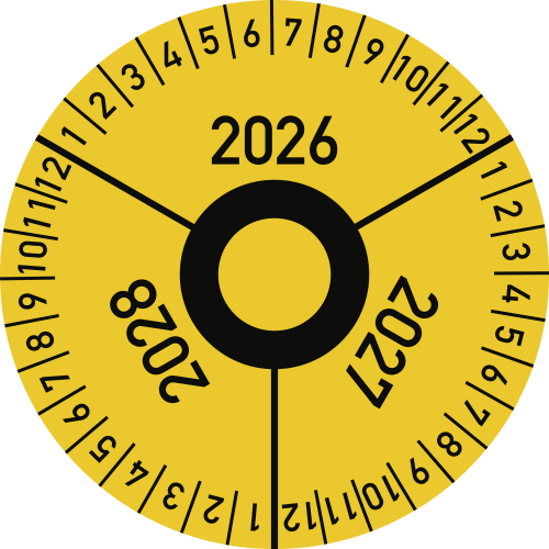 Prüfplakette gelb mit Jahreszahlen 2026, 2027, 2028 und Monatsangaben von 1 bis 12
