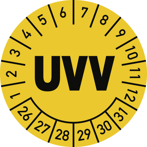 Runde Prüfplakette UVV gelb mit Monats- und Tagesangaben