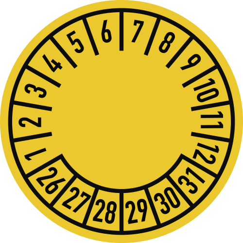 Prüfplakette gelb mit schwarzen Zahlen von 1 bis 12 für Monate und 26 bis 31 für Tage, 6 Jahre Gültigkeit