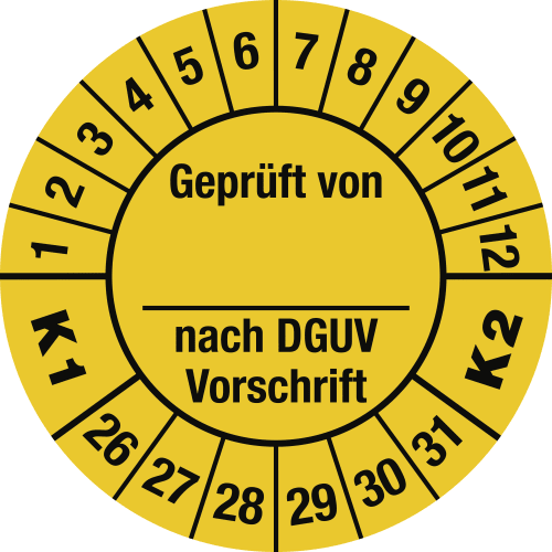 Prüfplakette gelb mit Text Geprüft von nach DGUV Vorschrift K1 K2 und Zahlen 1 bis 31