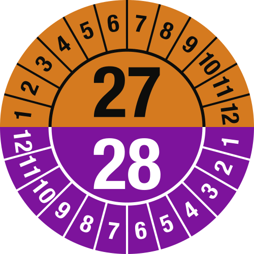Prüfplakette 2 Jahre mit Monatsangaben in Orange und Lila, mit den Zahlen 27 und 28 in der Mitte