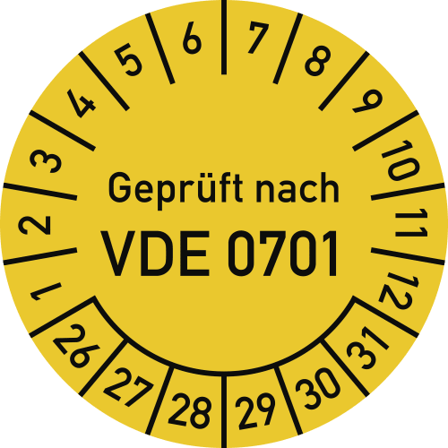 Prüfplakette Geprüft nach VDE 0701 mit Monats- und Tagesangaben in Gelb