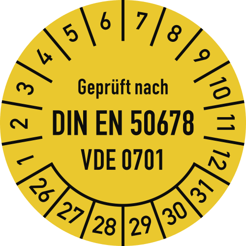 Prüfplakette Geprüft nach DIN EN 50678 VDE 0701 gelb mit Monats- und Tagesangaben