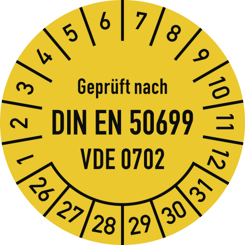 Prüfplakette Geprüft nach DIN EN 50699 VDE 0702 gelb mit Monats- und Tagesangaben