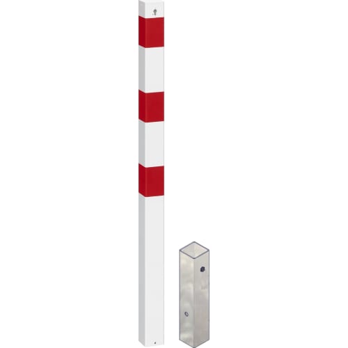 Absperrpfosten Pluto quadratisch herausnehmbar weiß mit roten Streifen und passender Bodenhülse