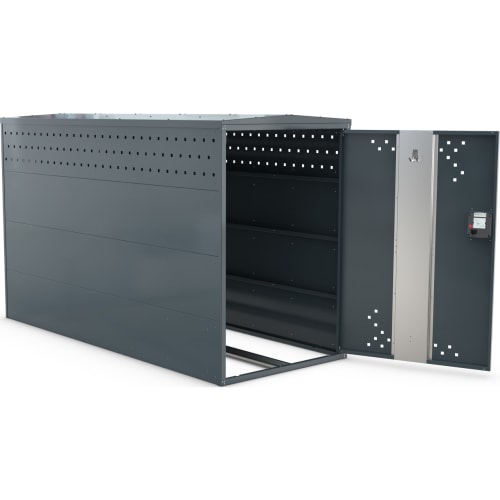 Fahrradgarage BikeBox 1 G aus Metall mit offenem Tür und Münzpfandschloss