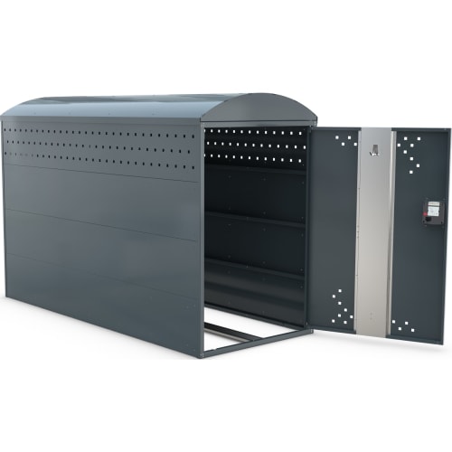 Fahrradgarage BikeBox 1 B aus Metall mit offenem Tür und Münzpfandschloss