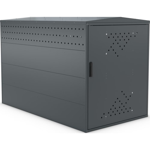 Fahrradgarage BikeBox 1 G XL aus Metall in dunkelgrauer Farbe mit Belüftungslöchern in Sternform