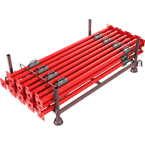 25er Set Schake Euro Schalungsstütze Klasse B Baustütze und Deckenstütze in Rot, gestapelt und gesichert