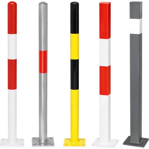 Absperrpfosten ECO in verschiedenen Farben und Ausführungen, rot-weiß, silber mit rotem Streifen, gelb-schwarz, rot-weiß quadratisch und grau mit weißem Streifen