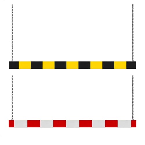 Höhenbegrenzer WACHTWERK X® mit schwarz-gelben und rot-weißen Streifen, hängend an Ketten zur Durchfahrtshöhenbegrenzung