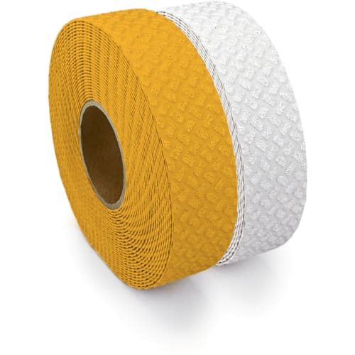 Taktiles Bodenmarkierungsband in Gelb und Weiß mit strukturierter Oberfläche für Blindenleitsystem