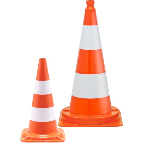 Zwei orange-weiße Leitkegel Molan in verschiedenen Größen