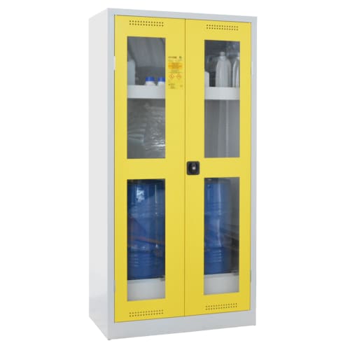 Umweltschrank mit gelben Türen und Sichtfenstern für 60-Liter-Fässer von storeLAB®