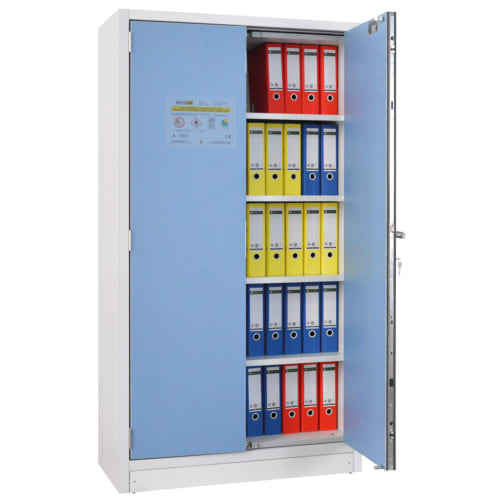 Dokumentenschrank mit 90 Minuten Feuerwiderstand LSF 60, geöffnet, gefüllt mit bunten Ordnern