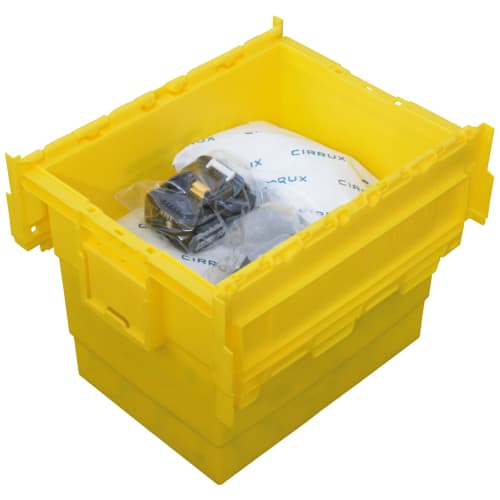 Gelber Lager- und Transportbehälter mit Lithium-Ionen Akku und Trockenmittelbeutel
