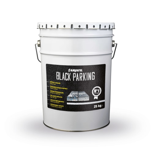 Eimer mit Asphaltversiegelung Traffic Black Parking 25 kg, weißer Behälter mit schwarzem Etikett