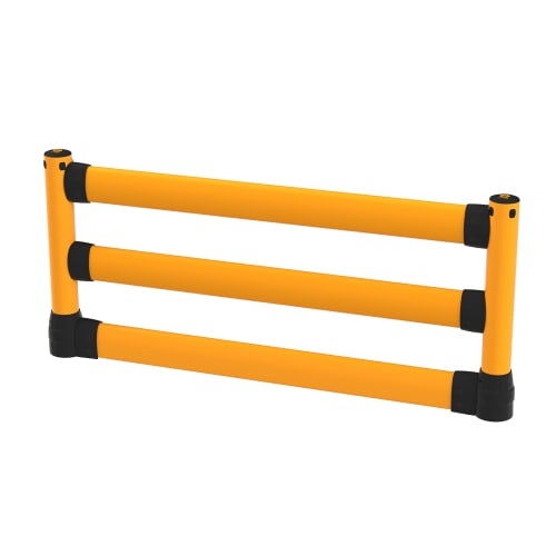 Flexibles Rammschutzgeländer Flex+ L-Line mit drei gelben horizontalen Schutzstreben und schwarzem Unterfahrschutz