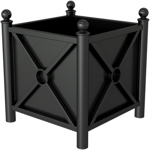 Schwarzer Pflanzbehälter mit Verzierung und Kugelkopf an den Ecken