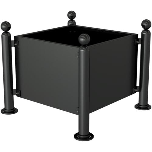 Schwarzer Pflanzbehälter mit Kugelkopf an den vier Ecken aus Metall