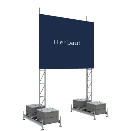 Komplettset Werbetafel Bautafel ohne Strahler mit blauem Werbebanner und stabiler Metallkonstruktion