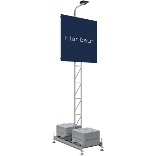 Komplettset Werbetafel mit Stahler und stabiler Metallkonstruktion, Werbetafel mit Text 'Hier baut'