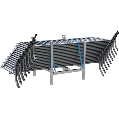 16x Absperrgitter Typ C ohne Tastleiste gestapelt auf Metallgestell mit blauen Spanngurten