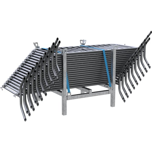 18 Stück Absperrgitter Typ D mit 2000 mm Länge, teilweise mit Tastleiste, gestapelt auf Metallgestell