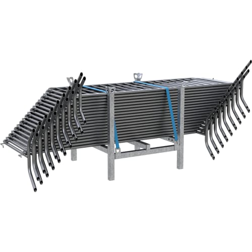 20x Absperrgitter Typ D 2500 mm mit und ohne Tastleiste gestapelt auf Metallgestell