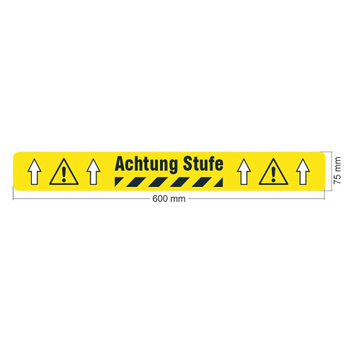 PROline-tape Bodenmarkierung gelb mit schwarzer Aufschrift Achtung Stufe und Warnsymbolen, 600 mm lang und 75 mm breit