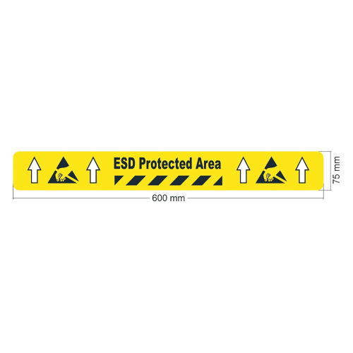 PROline-tape Bodenmarkierung gelb mit schwarzer Aufschrift ESD Protected Area, Maße 600 mm x 75 mm, mit Warnsymbolen und Pfeilen