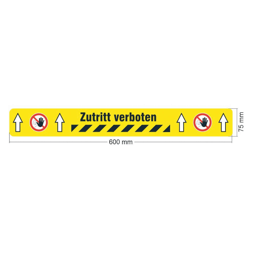 PROline-tape Bodenmarkierung mit Aufschrift 'Zutritt verboten', gelbes Warnband mit schwarzen Pfeilen und Verbotssymbolen, 600 mm x 75 mm
