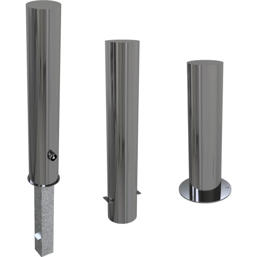 Runder Sperrpfosten aus Edelstahl mit ø 154 mm in drei Ausführungen mit verschiedenen Befestigungsarten