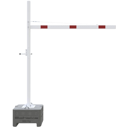 Mobiler Höhenbegrenzer schwenkbar mit weißem Pfosten und rotem Reflektor, montiert auf grauem Sockel mit 600 Kg Gewicht