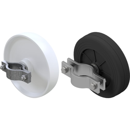 Laufrolle für Bauzaun-Torelement, zwei verschiedene Ausführungen mit Metallhalterung, eine weiße und eine schwarze Rolle