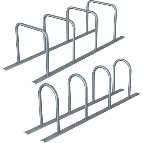 Fahrradanlehnbügel mit Rundrohrbügel auf Schienensystem aus verzinktem Stahl