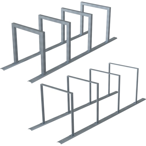 Fahrradanlehnbügel aus Vierkantrohr auf Schienensystem zur sicheren Fahrradabstellung