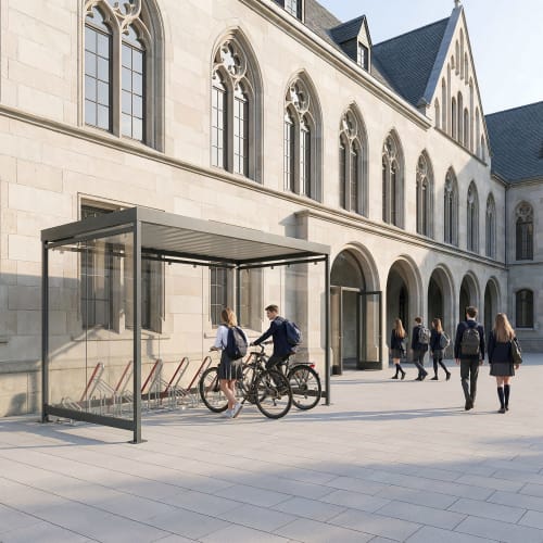 Fahrradüberdachung Köln Bike Economy K4 b/b mit Anlehnparker vor historischem Gebäude mit Schülern und Fahrrädern