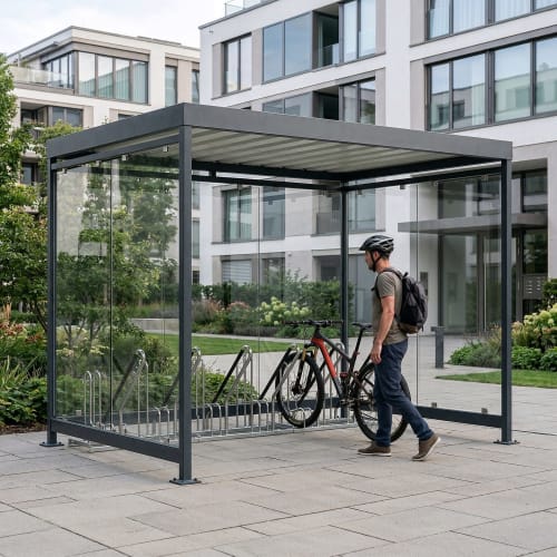Fahrradüberdachung Köln Bike Professional K3 b/b mit Glaswänden und Fahrradständer, Mann mit Fahrradhelm und Rucksack stellt Fahrrad ab